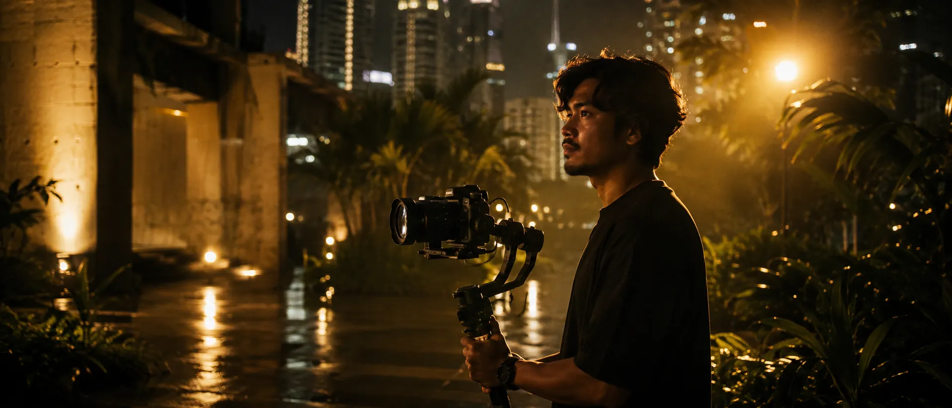 Filmmaker shooting at night in Kuala Lumpur
