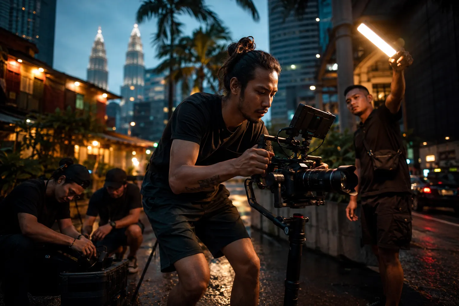 A camera crew preparing a shoot in Kuala Lumpur